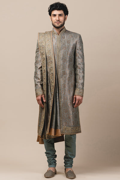 tarun tahiliani menswear Jade Blue Brocade Sherwani online shopping melange singapore indian wedding designer wear groom