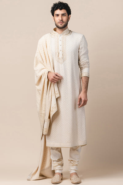 tarun tahiliani menswear Ivory Kurta In Chikankari online shopping melange singapore indian wedding designer wear