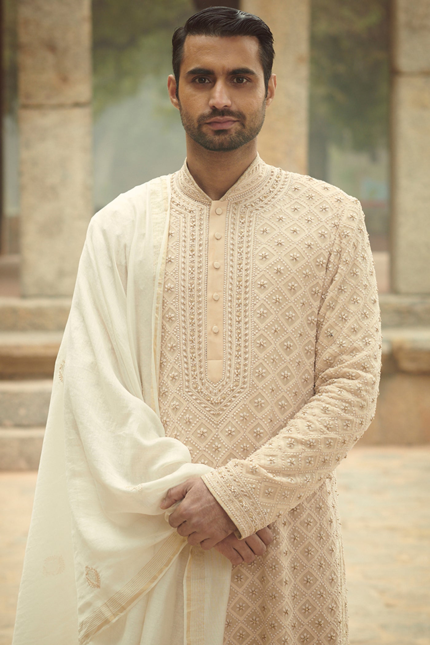 tarun tahiliani menswear Gold Kurta In Chikankari online shopping melange singapore indian bridal designer wear