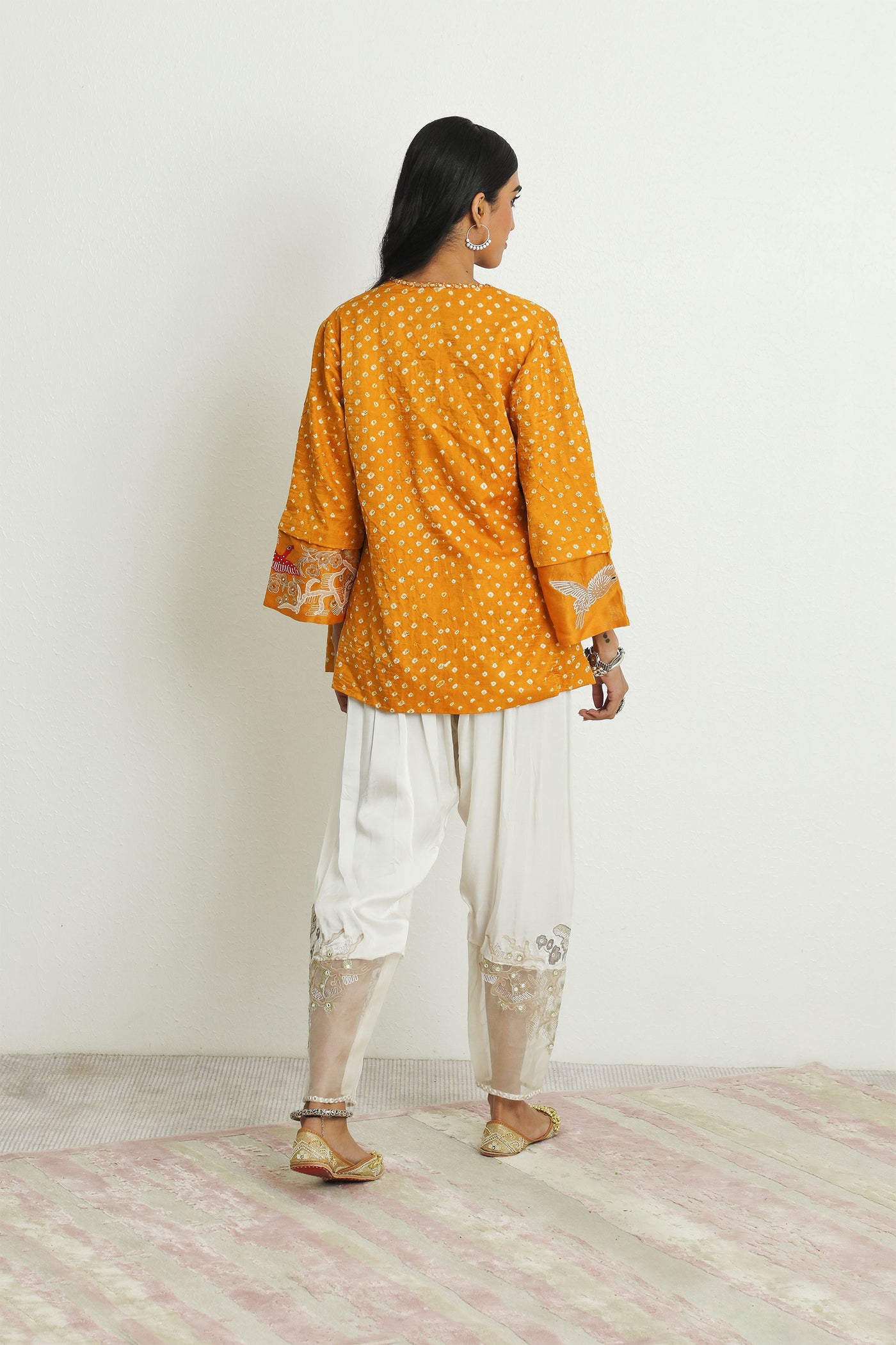twenty nine bandhani a line jacket with cherry blossom flared sleeves yellow fusion indian designer wear online shopping melange singapore