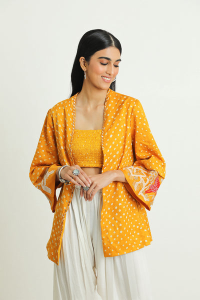 twenty nine bandhani a line jacket with cherry blossom flared sleeves yellow fusion indian designer wear online shopping melange singapore