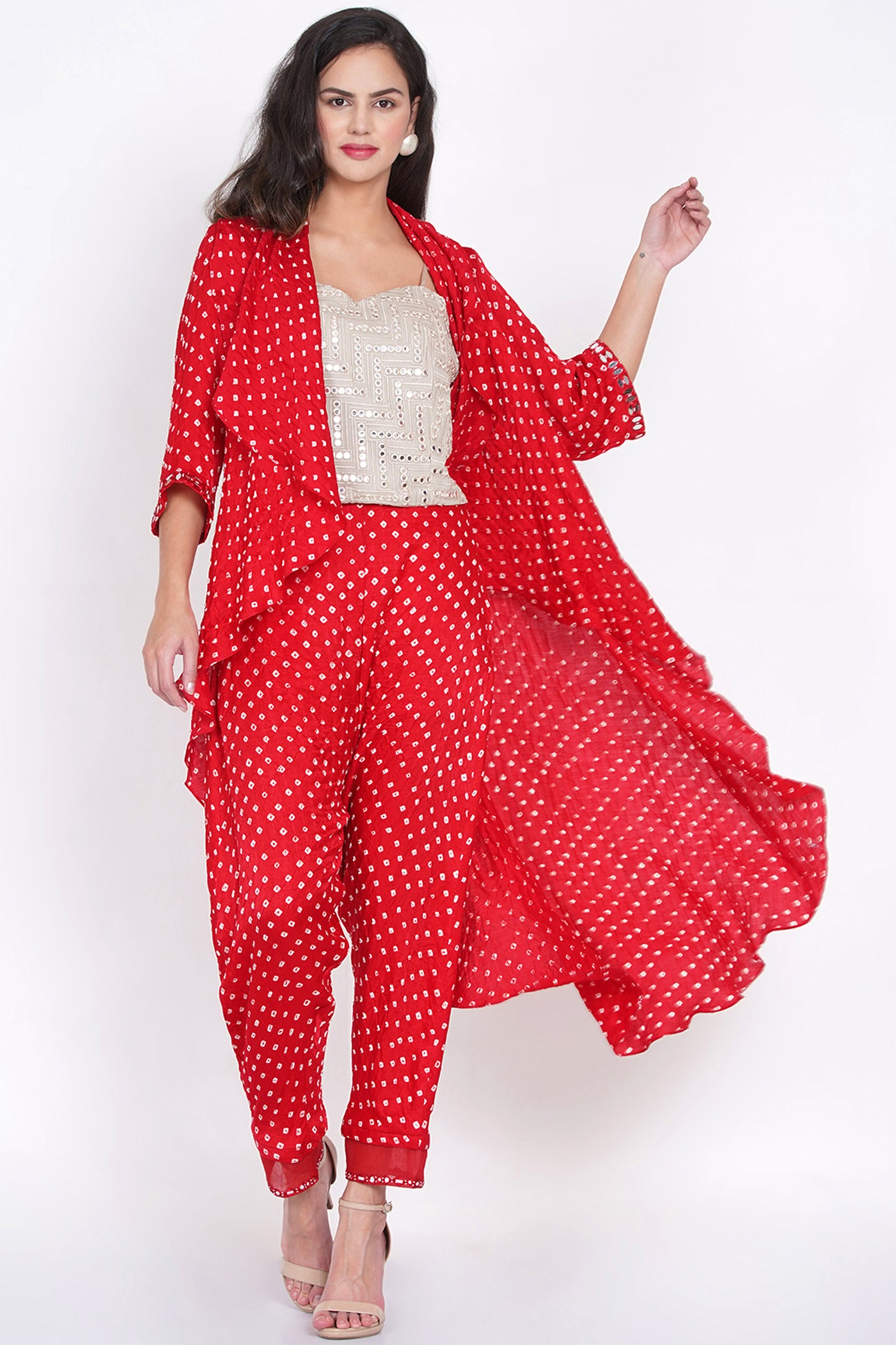 twenty nine bandhani layered dhoti red fusion indian designer wear online shopping melange singapore