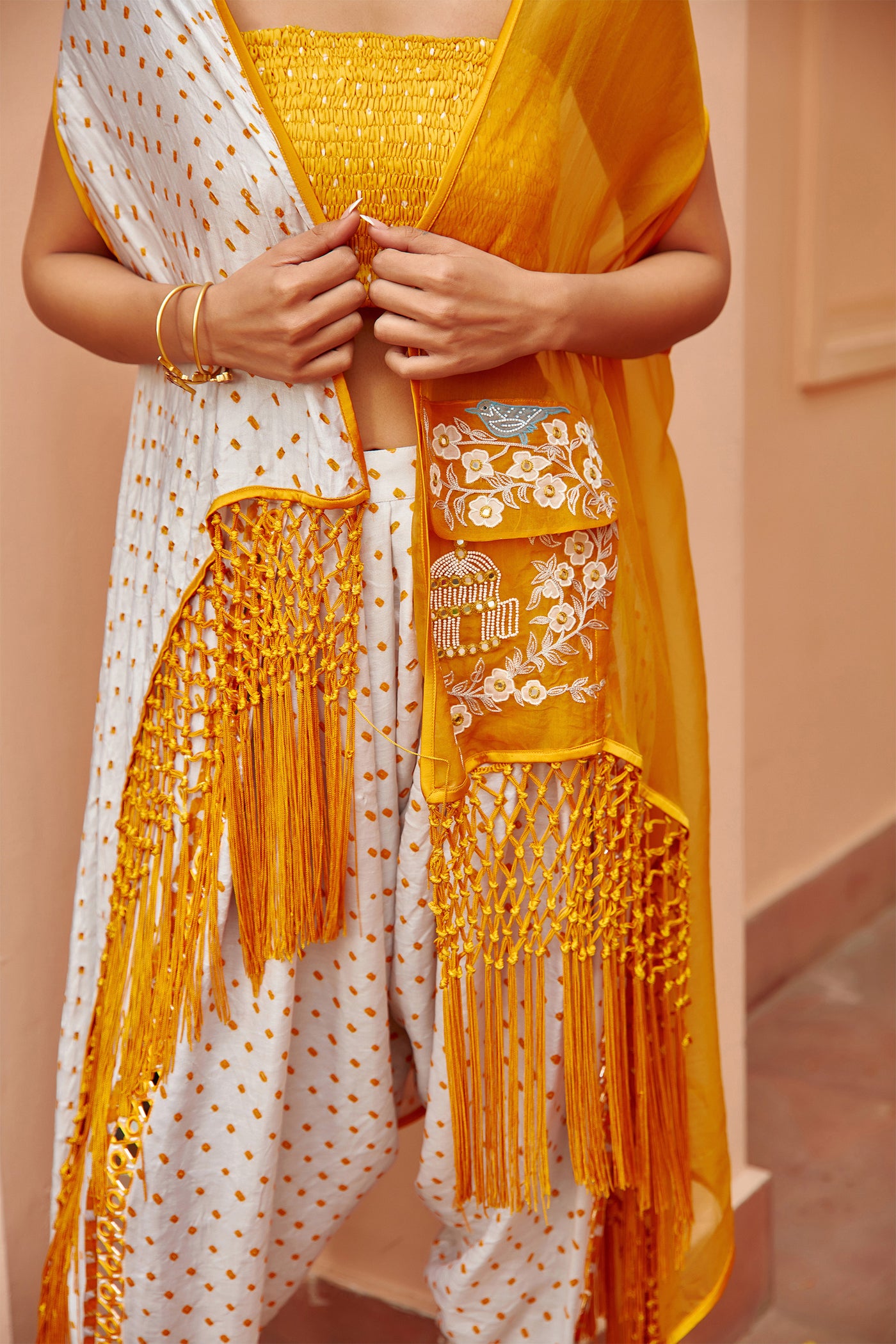twenty nine bandhani pakistani dhoti with mirrorwork edges yellow fusion indian designer wear online shopping melange singapore