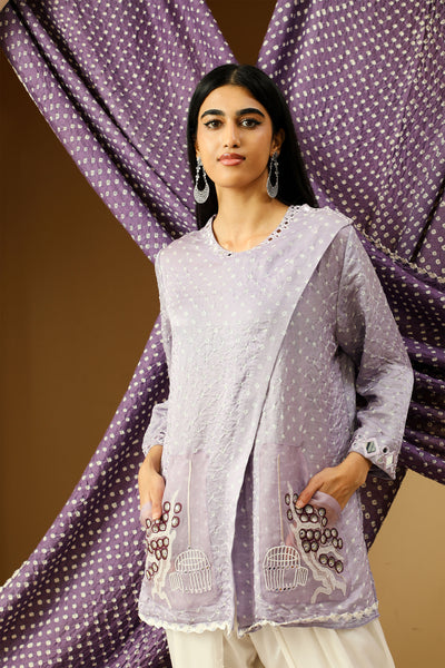 twenty nine bandhani shoulder wrapover tunic with cherry blossom pocket lavender fusion indian designer wear online shopping melange singapore
