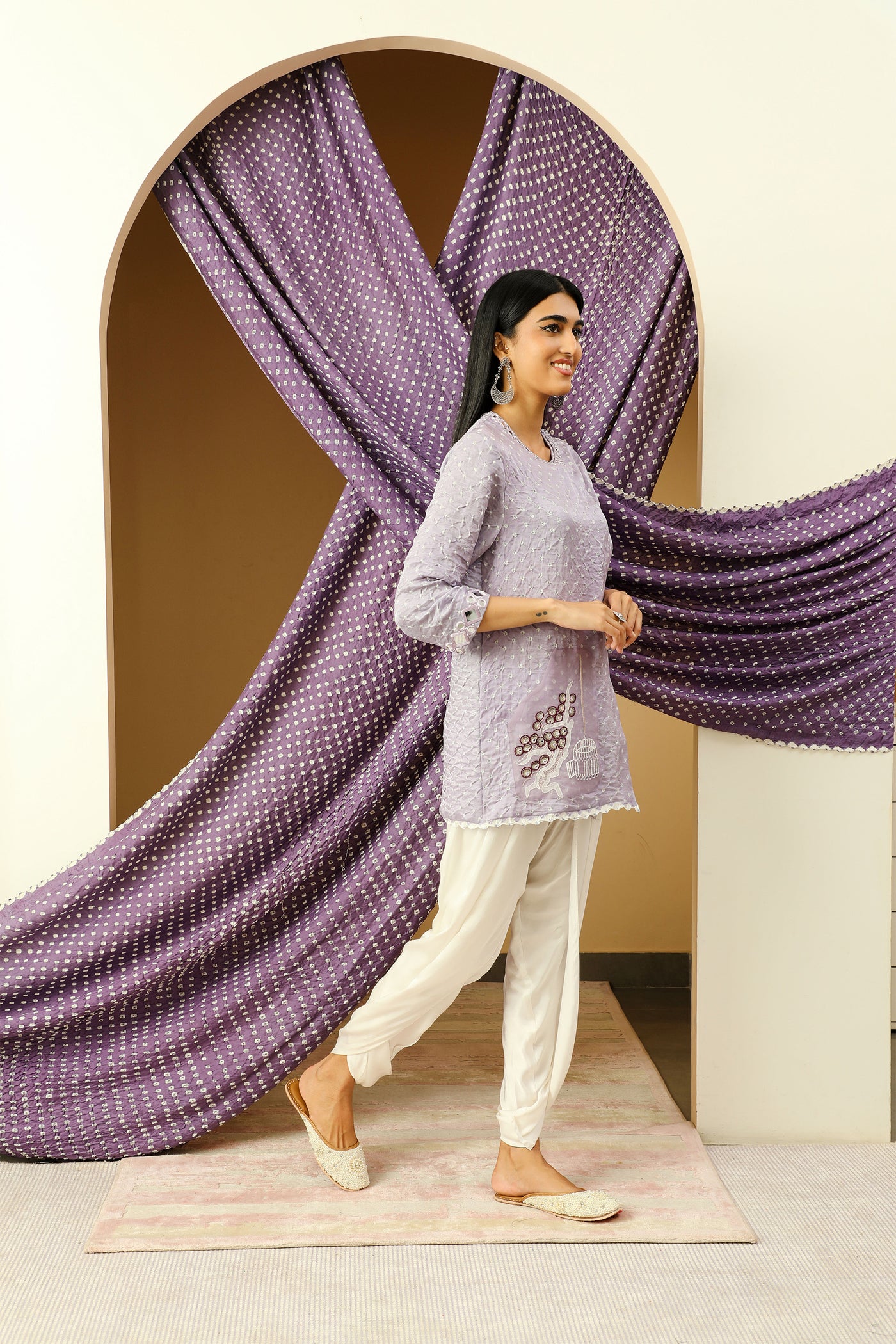 twenty nine bandhani shoulder wrapover tunic with cherry blossom pocket lavender fusion indian designer wear online shopping melange singapore