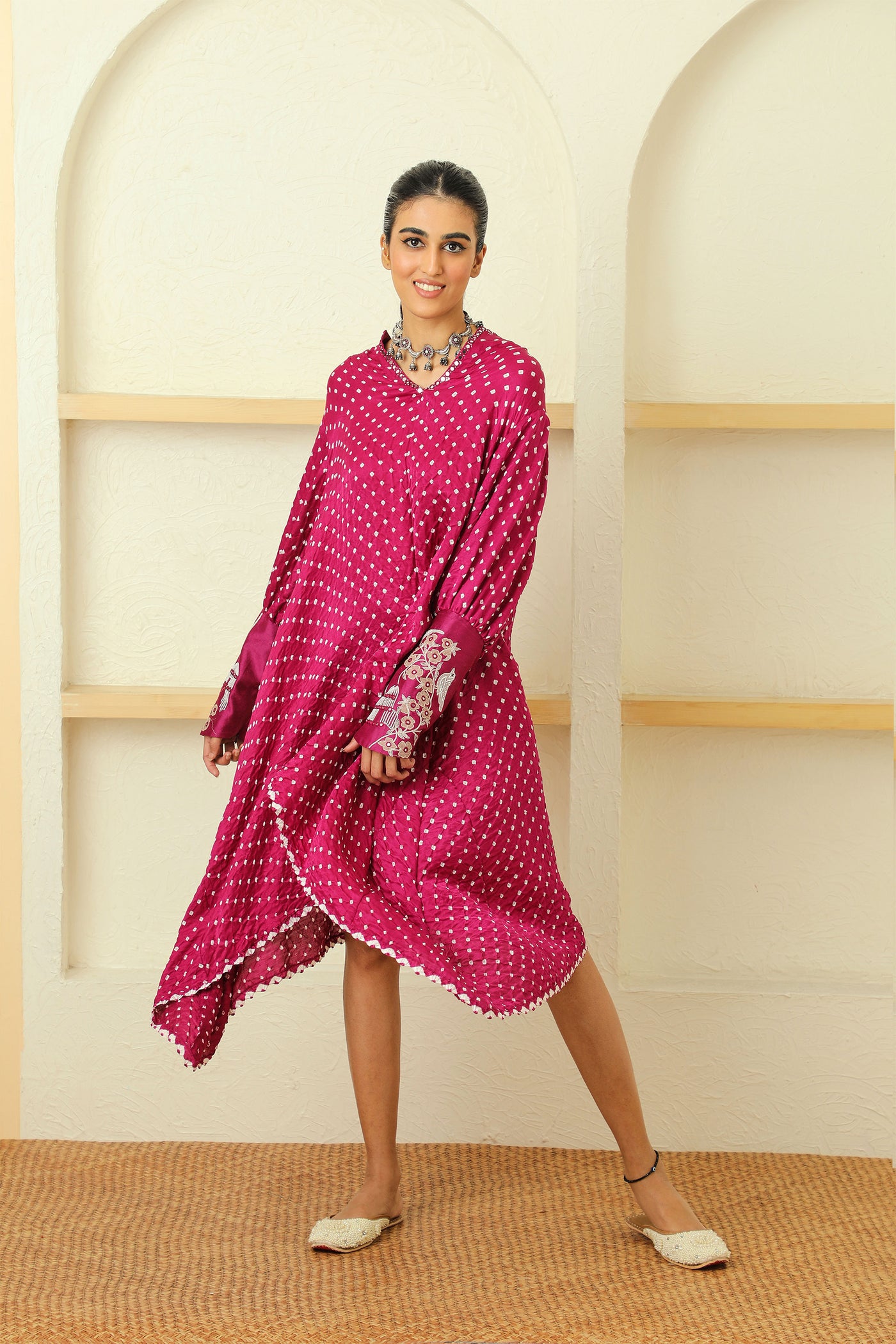 twenty nine bandhani asym cherry blossom cuff tunic pink fusion indian designer wear online shopping melange singapore