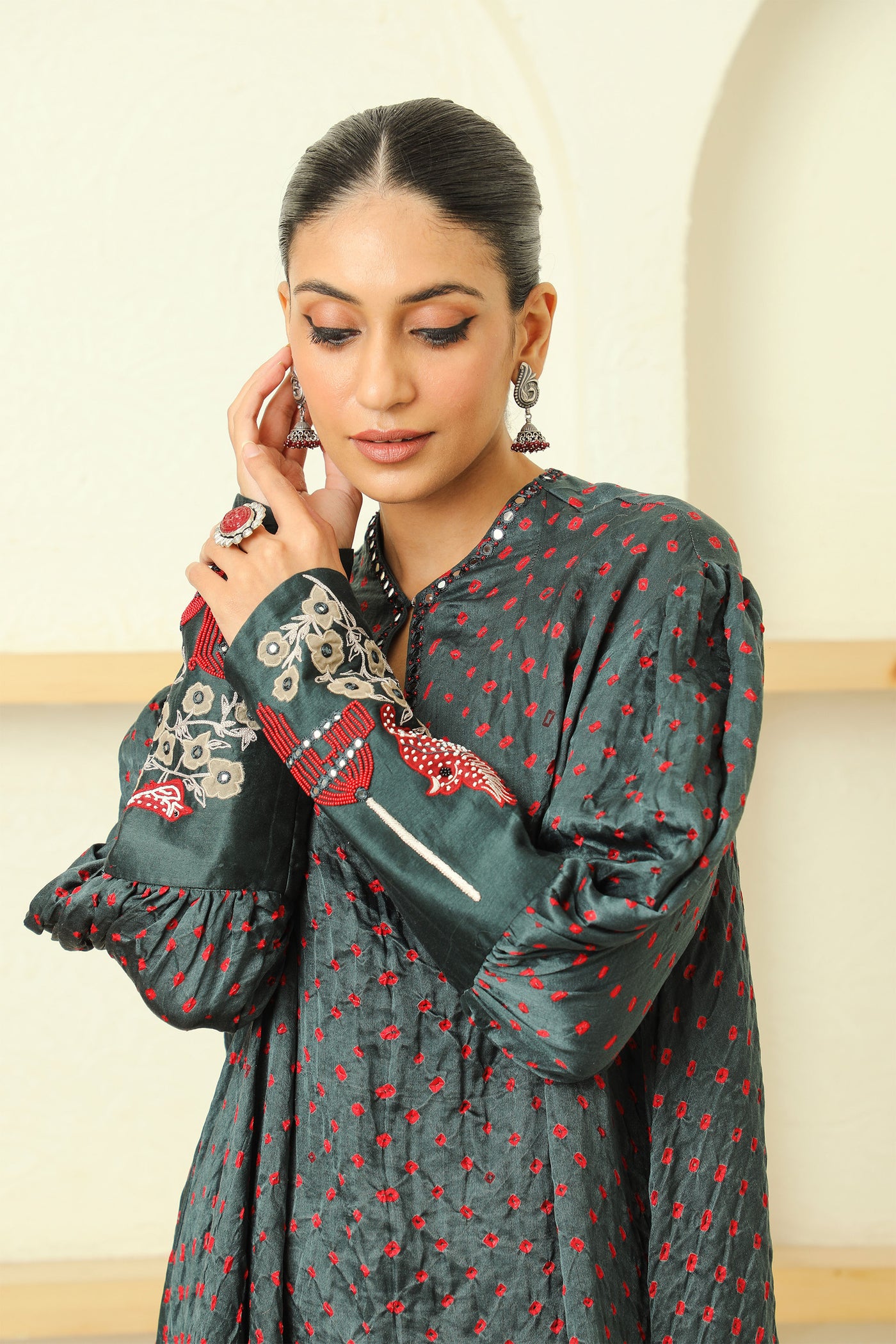 twenty nine bandhani asym cherry blossom cuff tunic steel grey fusion indian designer wear online shopping melange singapore