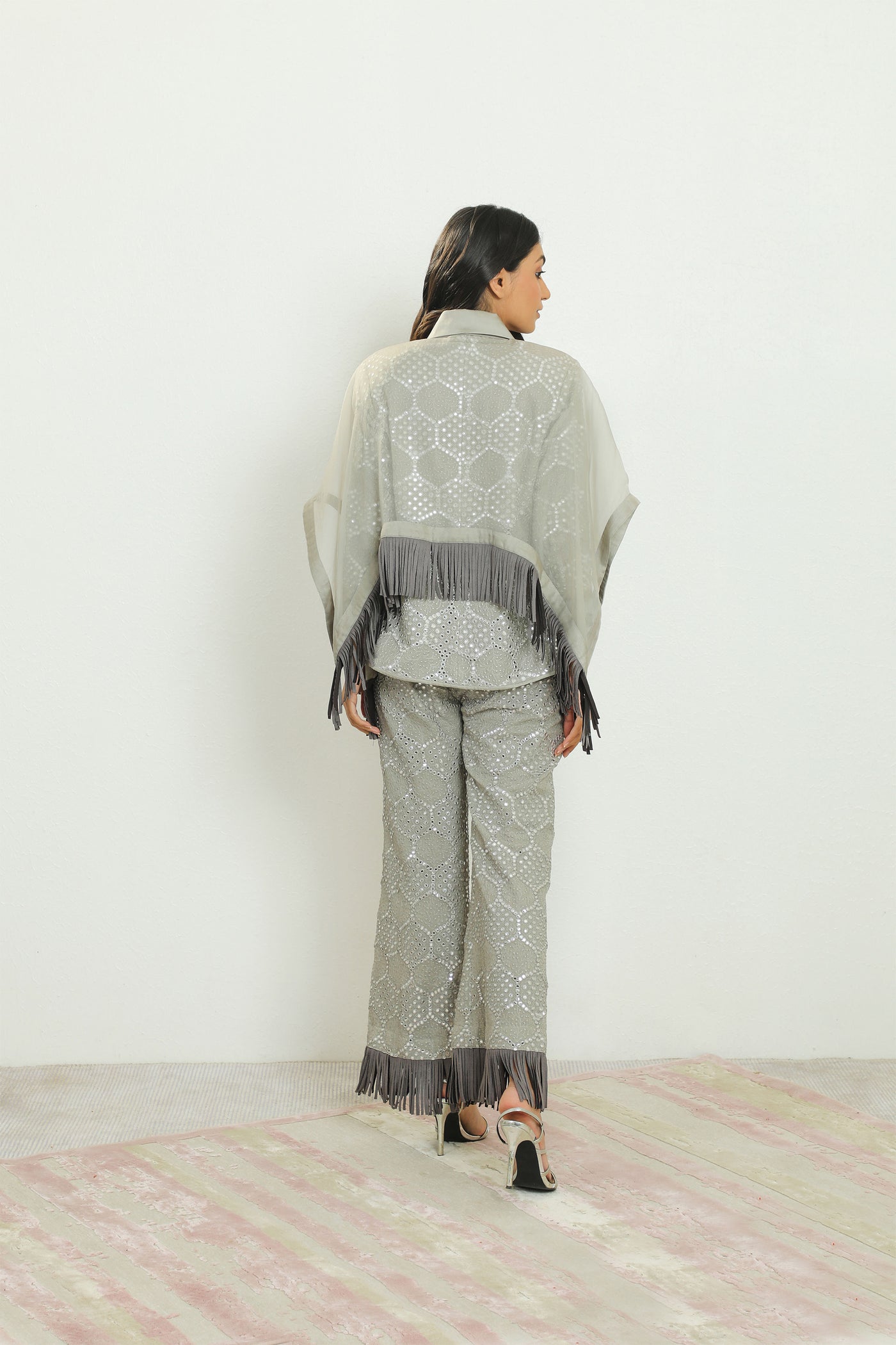 twenty nine bellbottom with suede tassels grey fusion indian designer wear online shopping melange singapore