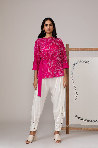 Crsuhed Bandhani Top With Wrapover Belt