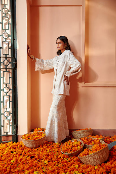twenty nine cherry blossom a-line flared sleeves jacket white fusion indian designer wear online shopping melange singapore