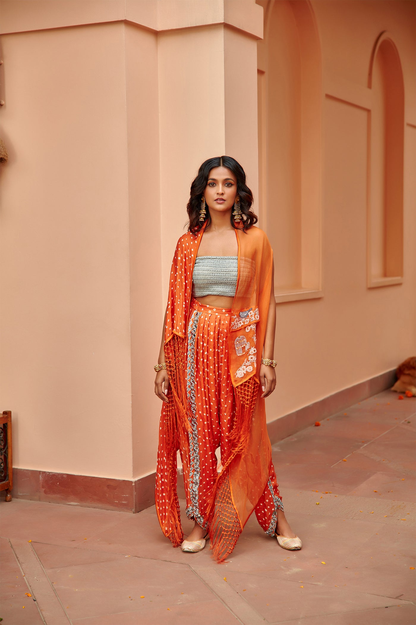 twenty nine cherry blossom bandhani half & half cape orange fusion indian designer wear online shopping melange singapore