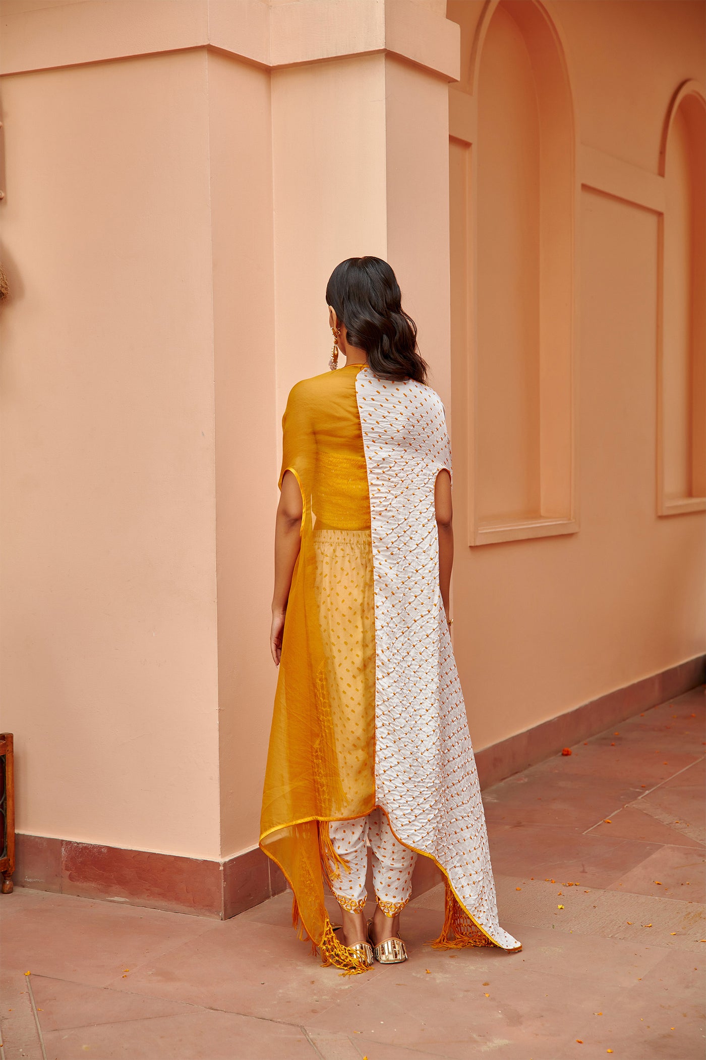 twenty nine cherry blossom bandhani half & half cape yellow fusion indian designer wear online shopping melange singapore