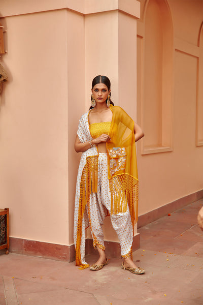 twenty nine cherry blossom bandhani half & half cape yellow fusion indian designer wear online shopping melange singapore