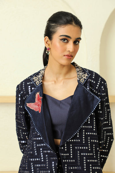 twenty nine cherry blossom turnover hi-neck jacket with coat collars navy blue fusion indian designer wear online shopping melange singapore