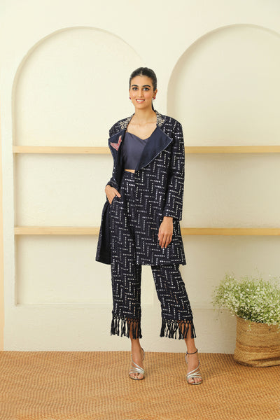 twenty nine cherry blossom turnover hi-neck jacket with coat collars navy blue fusion indian designer wear online shopping melange singapore