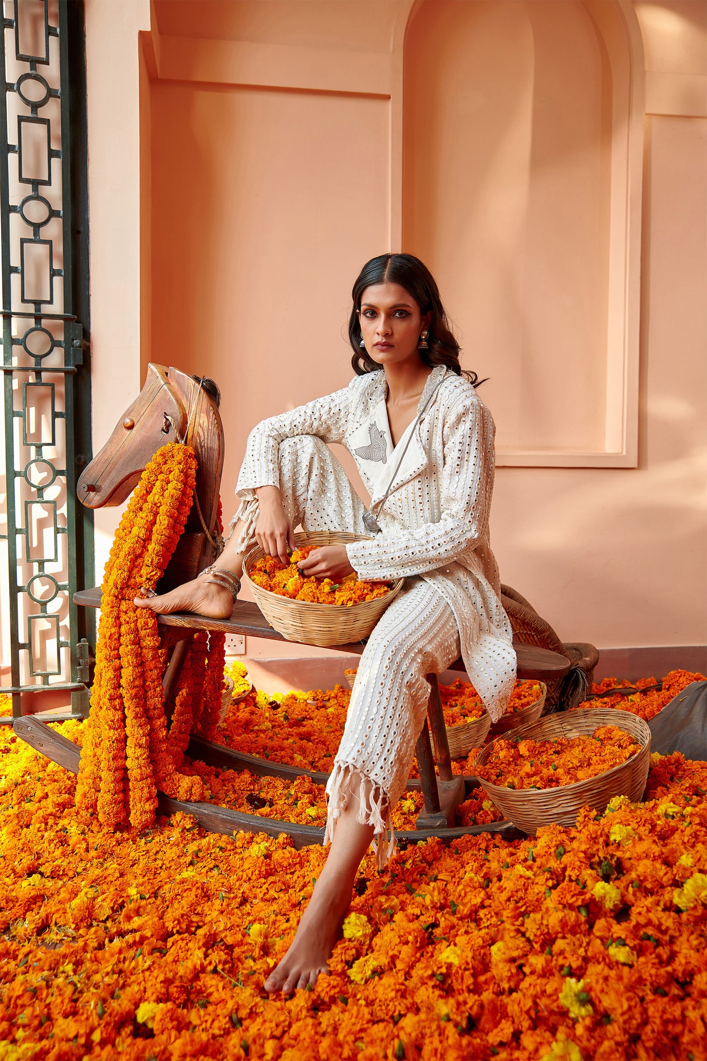 twenty nine cherry blossom turnover hi-neck jacket with coat collars white fusion indian designer wear online shopping melange singapore