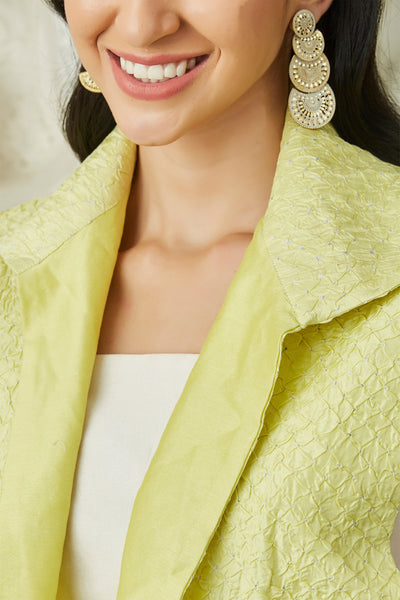 twenty nine  Crushed Bandhani Crop Collar Belt Jacket lime yellow fusion indian designer wear online shopping melange singapore