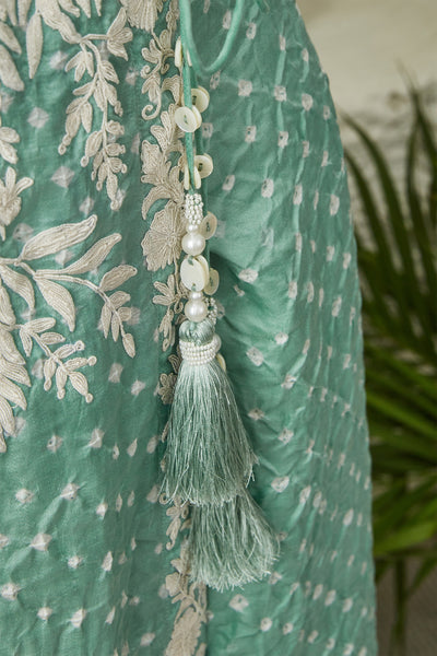 twenty nine Gajji Silk Bandhani Dori Mirror Embellished Angarkha Kurta With Pants sea green  fusion indian designer wear online shopping melange singapore