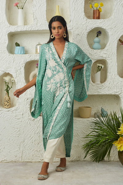 twenty nine Gajji Silk Bandhani Dori Mirror Embellished Angarkha Kurta With Pants sea green  fusion indian designer wear online shopping melange singapore