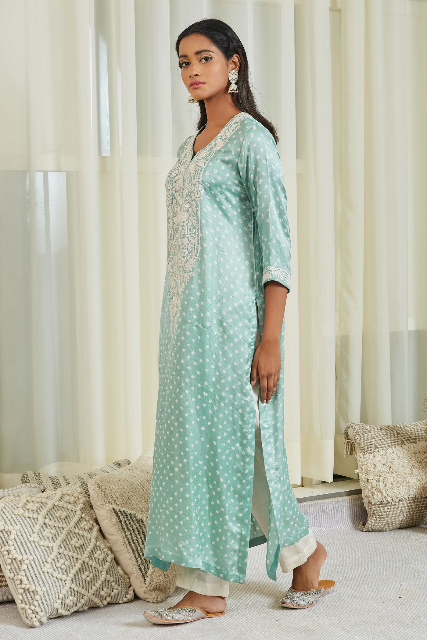 twenty nine  Gajji Silk Bandhani Dori Mirror Embellished Kurta With Pants sea green fusion indian designer wear online shopping melange singapore