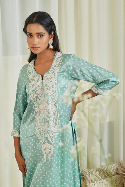 twenty nine  Gajji Silk Bandhani Dori Mirror Embellished Kurta With Pants sea green fusion indian designer wear online shopping melange singapore