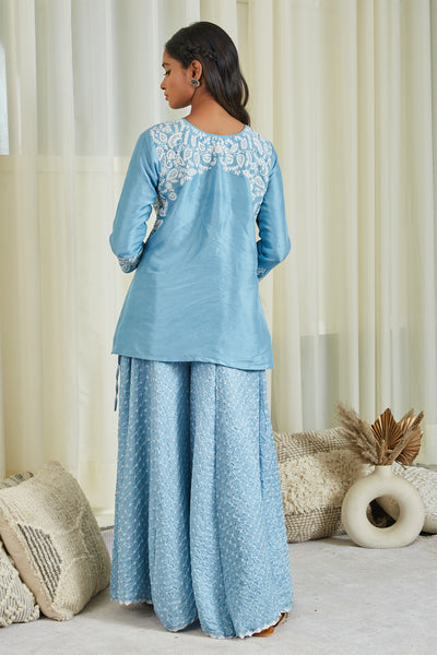 twenty nine Gajji Silk Bandhani Dori Mirror Embellished Sharara Set blue  fusion indian designer wear online shopping melange singapore