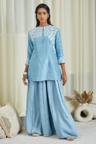 twenty nine Gajji Silk Bandhani Dori Mirror Embellished Sharara Set blue  fusion indian designer wear online shopping melange singapore