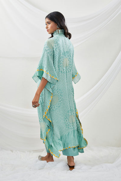 twenty nine Gajji Silk Bandhani Frill Kaftan Overlay With Inner And Pants sea green  fusion indian designer wear online shopping melange singapore