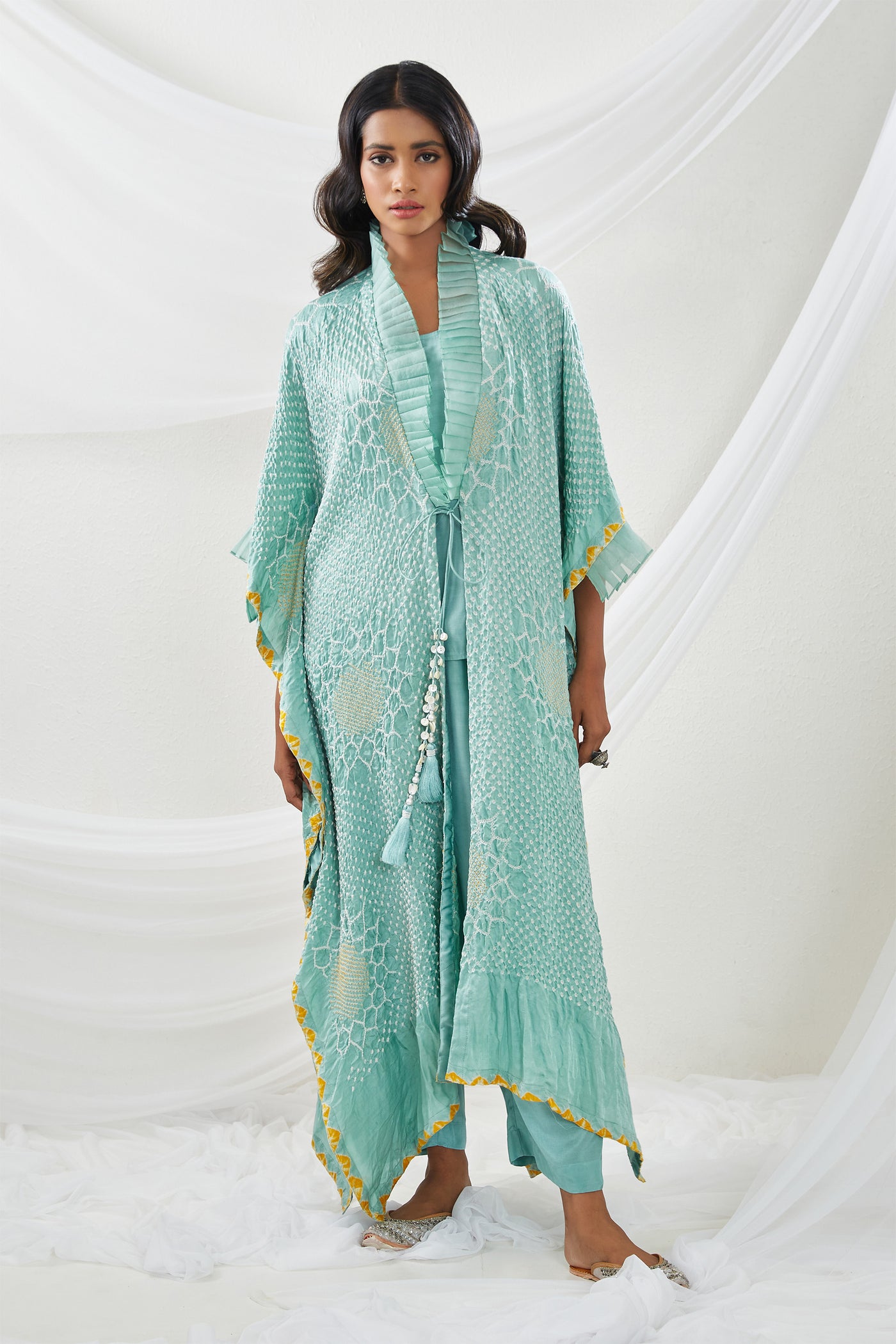 twenty nine Gajji Silk Bandhani Frill Kaftan Overlay With Inner And Pants sea green  fusion indian designer wear online shopping melange singapore