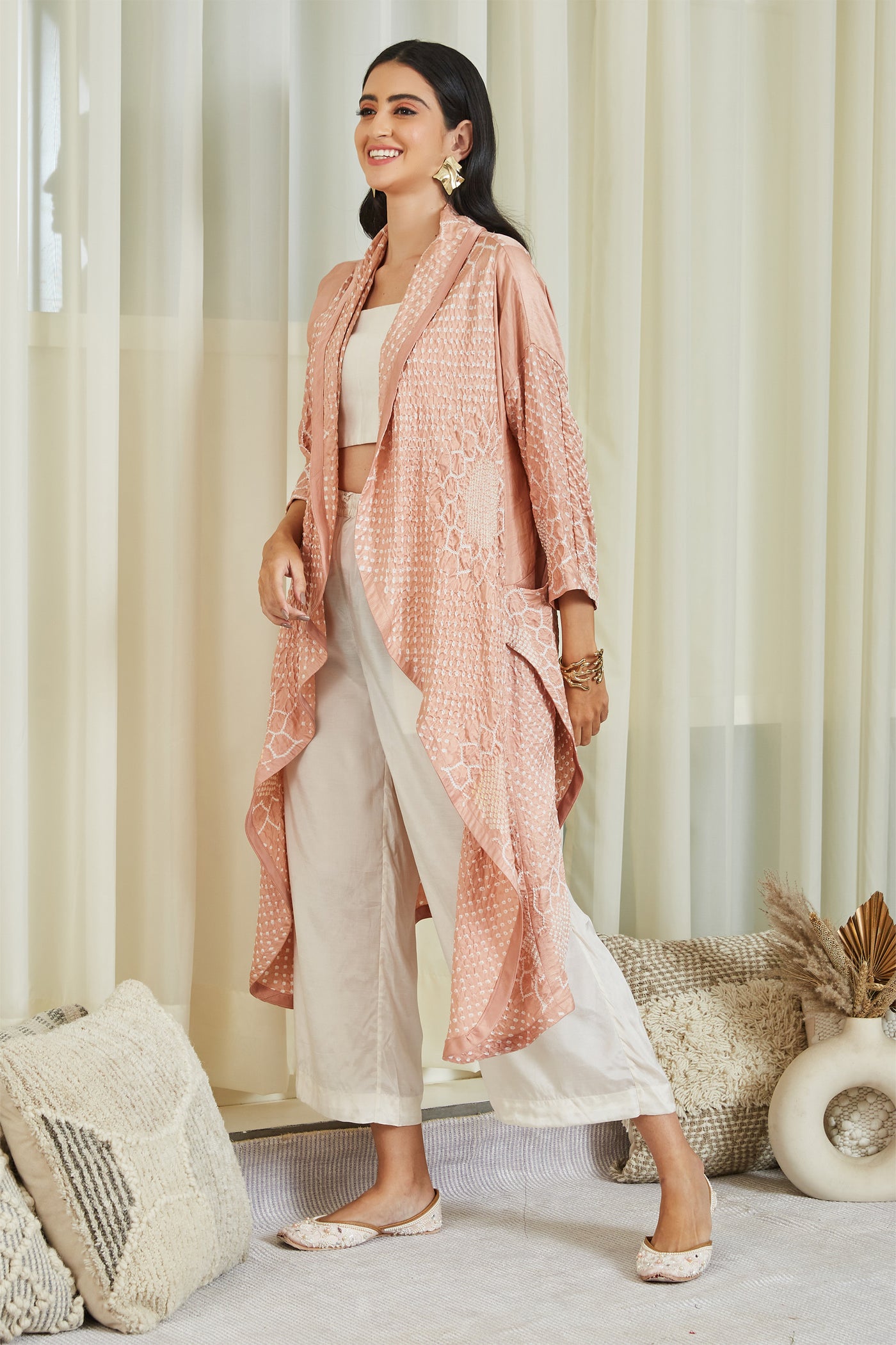 twenty nine Gajji Silk Bandhani Lapel Overlay With Bustier And Pants peach  fusion indian designer wear online shopping melange singapore
