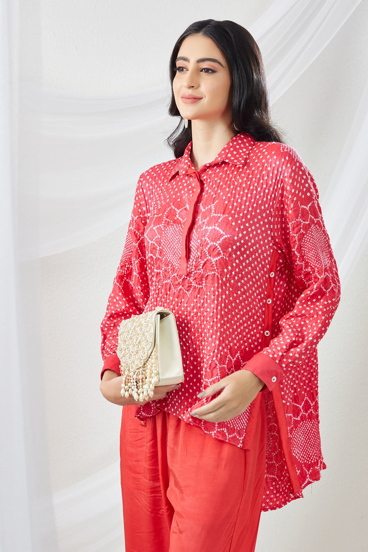 twenty nine Gajji Silk Bandhani Panel Shirt With Pants red  fusion indian designer wear online shopping melange singapore