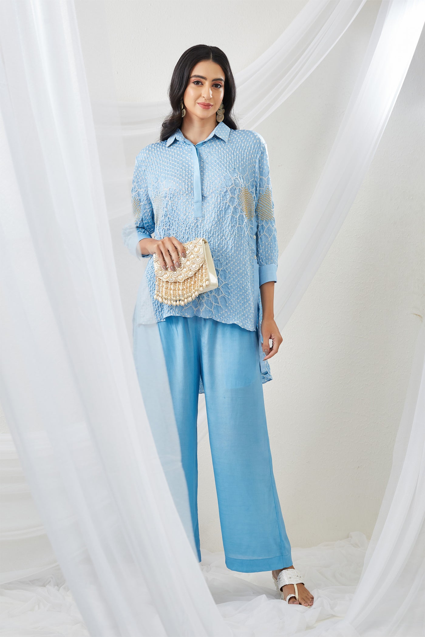 twenty nine Gajji Silk Bandhani Panel Shirt With Pants sky blue fusion indian designer wear online shopping melange singapore