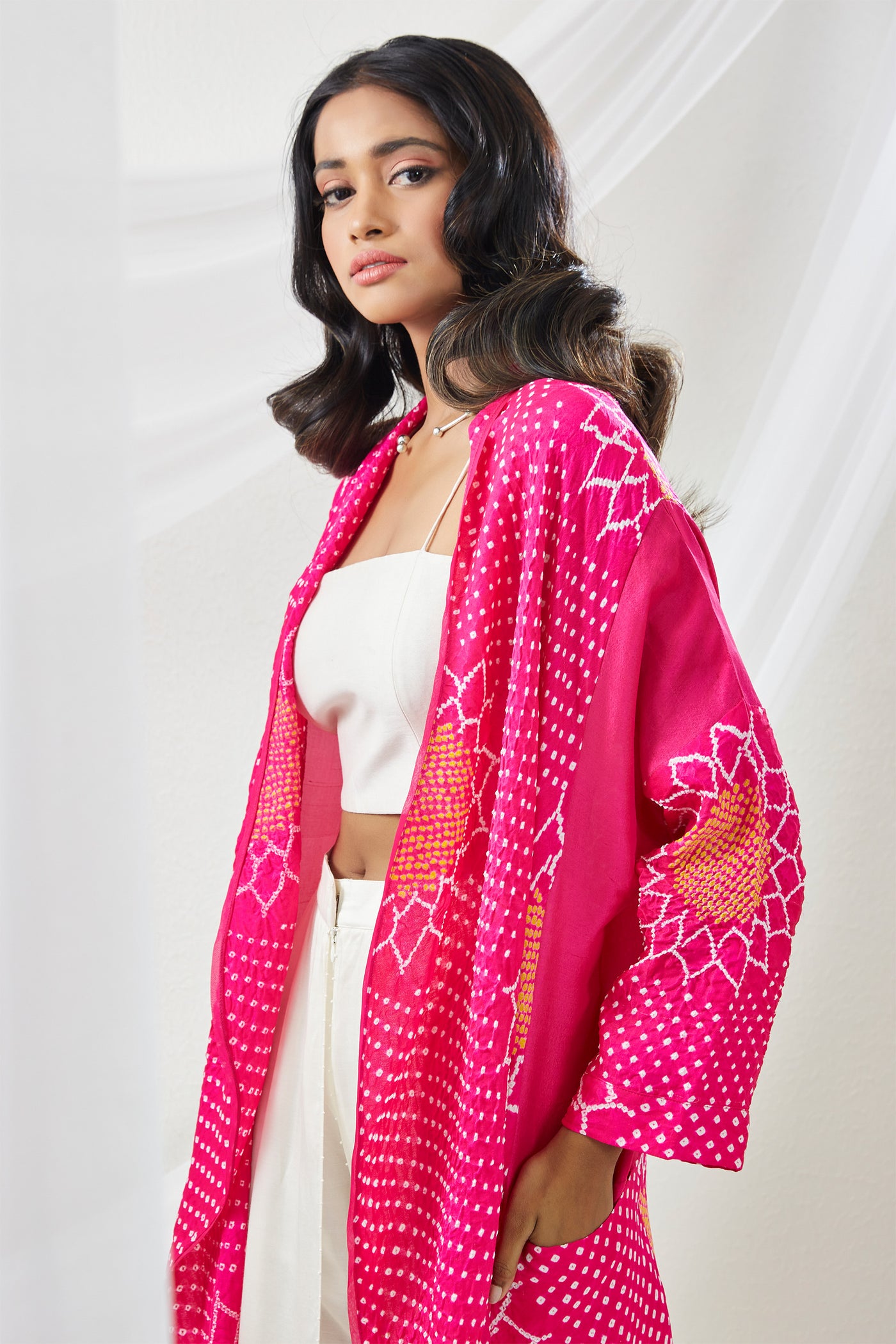 twenty nine Gajji Silk Bandhani Pockets Overlay With Bustier And Tulip Dhoti Pants  fusion indian designer wear online shopping melange singapore