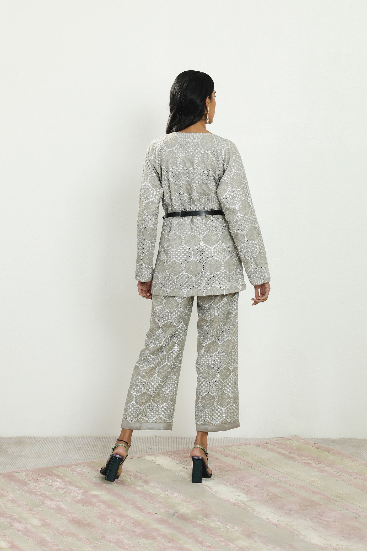 twenty nine luxe mirrorwork wrapover jacket grey fusion indian designer wear online shopping melange singapore