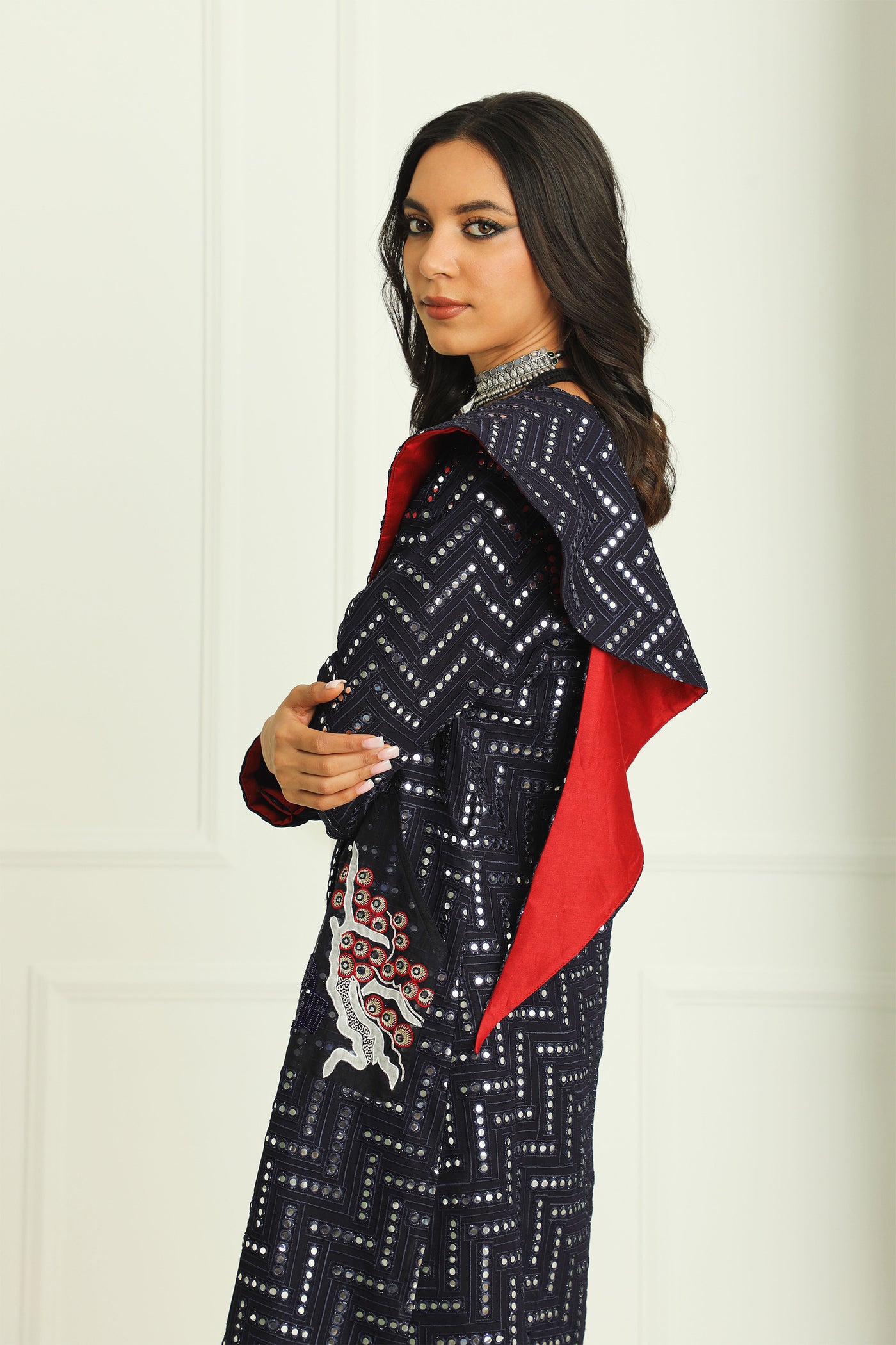 twenty nine long mirrorwork scarf jacket with cherry blossom pockets navy blue fusion indian designer wear online shopping melange singapore