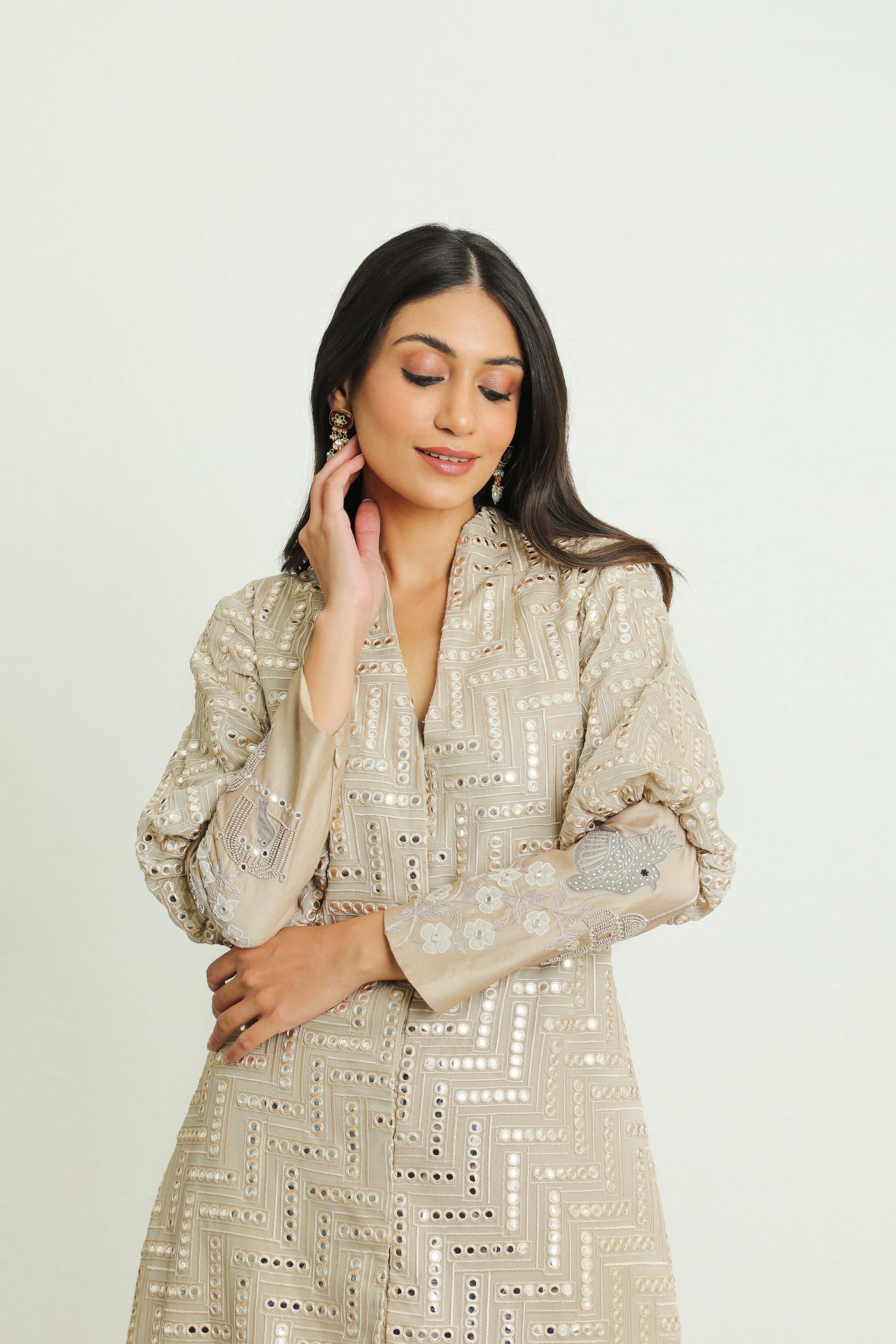 twenty nine mw cherry blossom cuff sleeves jacket beige fusion indian designer wear online shopping melange singapore