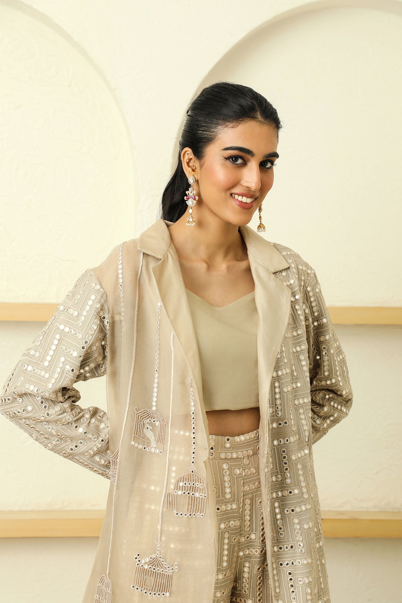 twenty nine mw cherry blossom notch collar long jacket beige fusion indian designer wear online shopping melange singapore