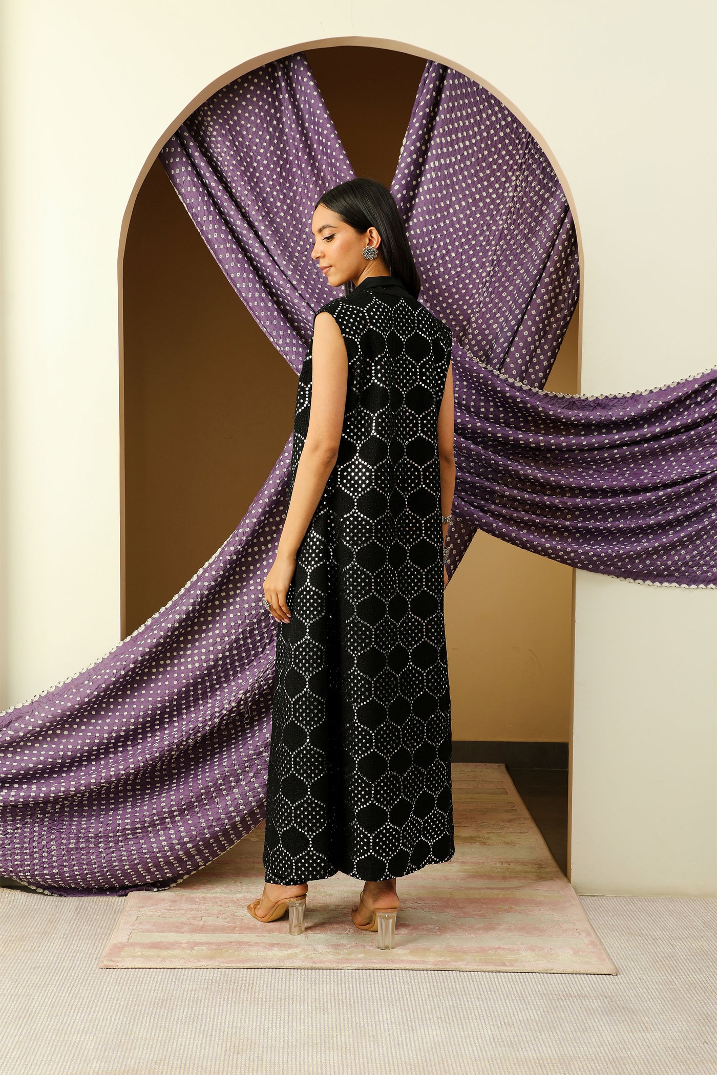twenty nine mw cherry blossom sleeveless notch collar long jacket black fusion indian designer wear online shopping melange singapore