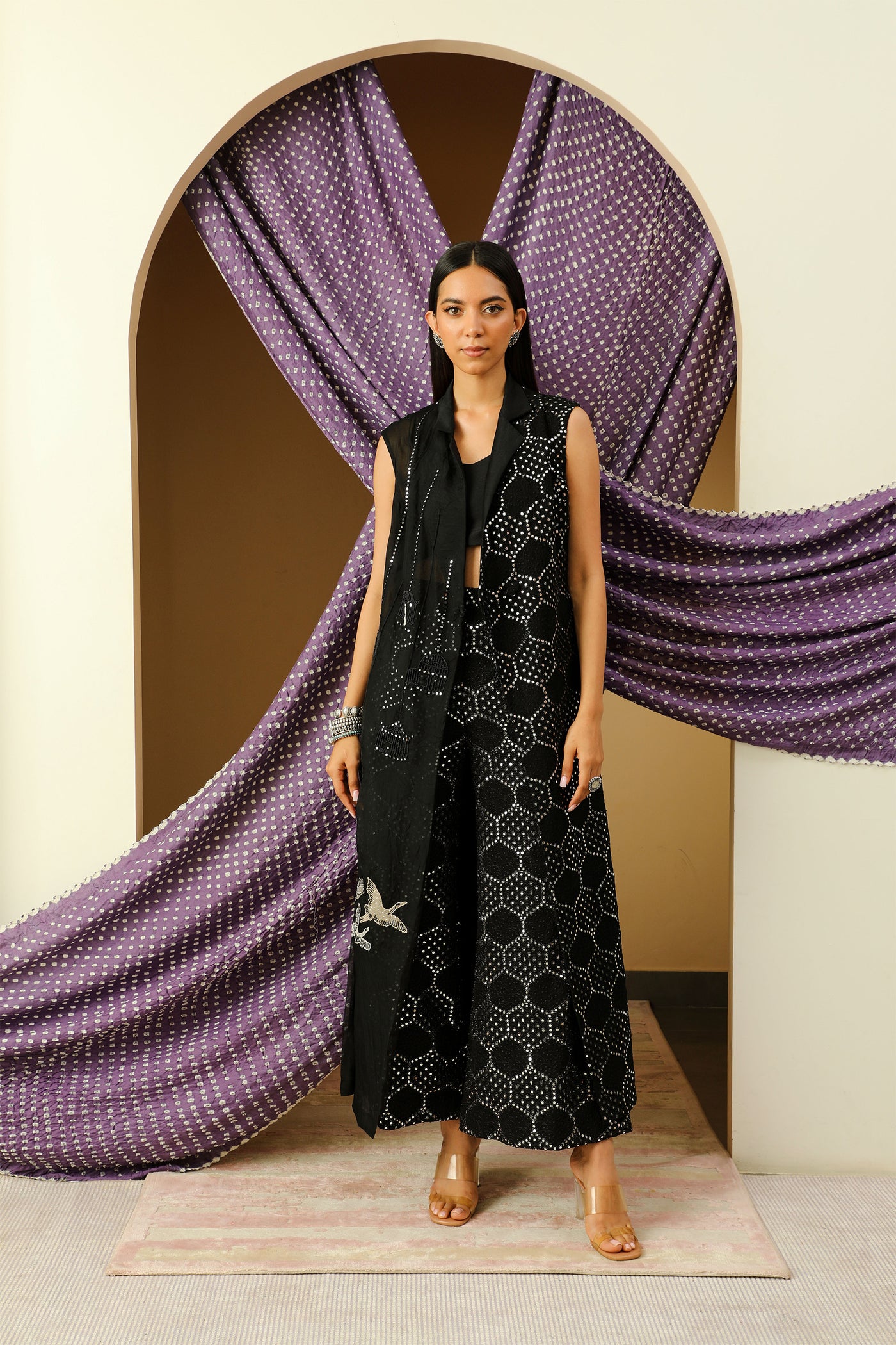 twenty nine mw cherry blossom sleeveless notch collar long jacket black fusion indian designer wear online shopping melange singapore