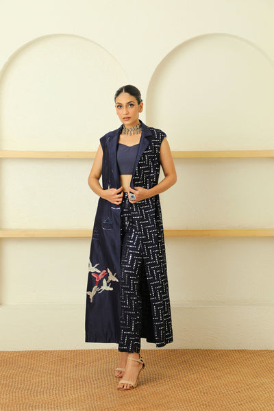twenty nine mw cherry blossom sleeveless notch collar long jacket navy blue fusion indian designer wear online shopping melange singapore