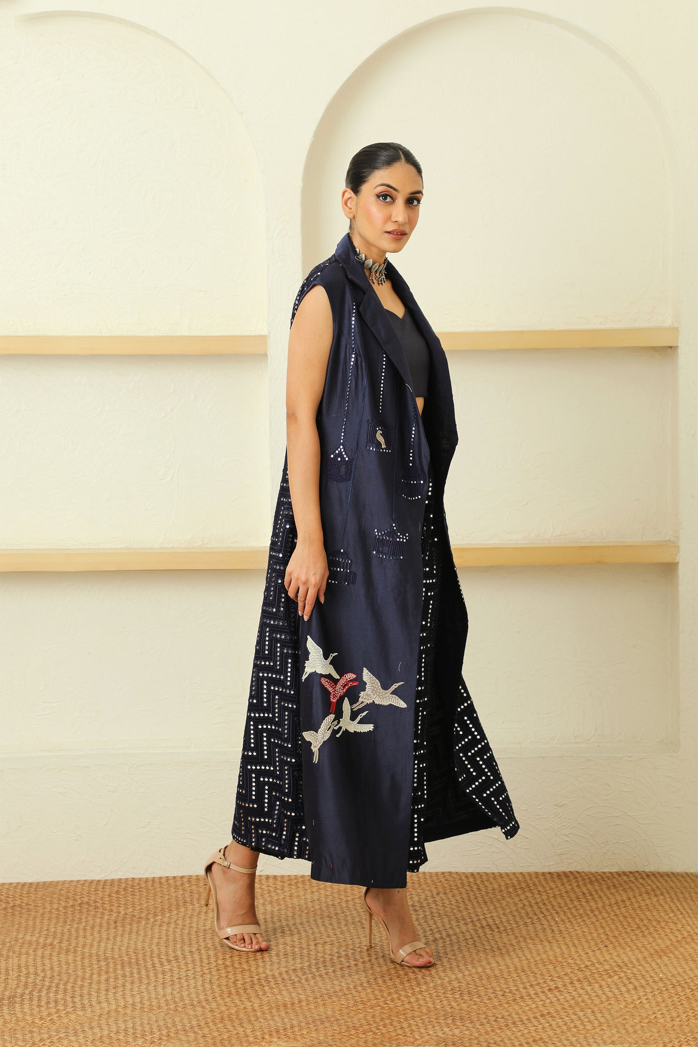 twenty nine mw cherry blossom sleeveless notch collar long jacket navy blue fusion indian designer wear online shopping melange singapore