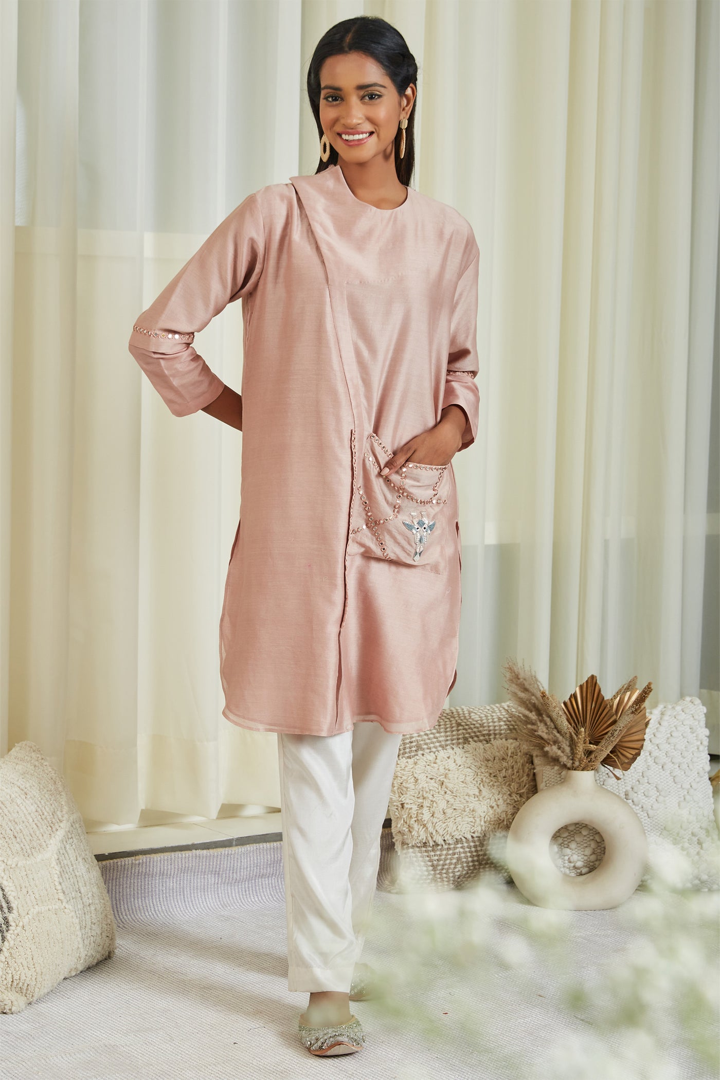 twenty nine Mirror Embellished Safari Dress Tunic With Pants peach  fusion indian designer wear online shopping melange singapore