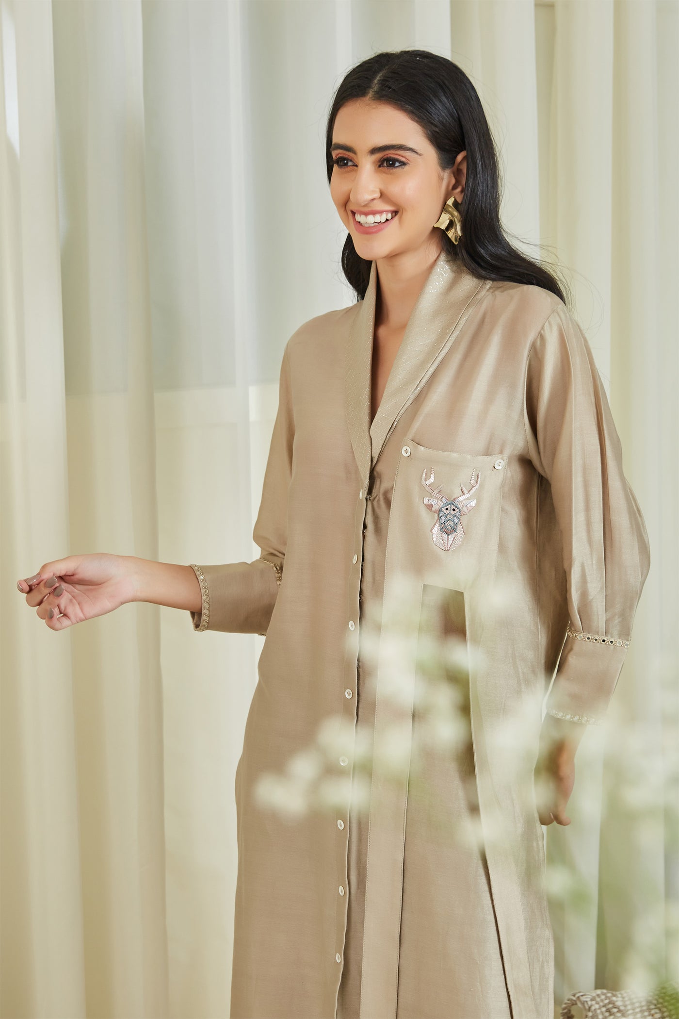 twenty nine Mirror Embellished Safari Long Shirt With Pants beige  fusion indian designer wear online shopping melange singapore