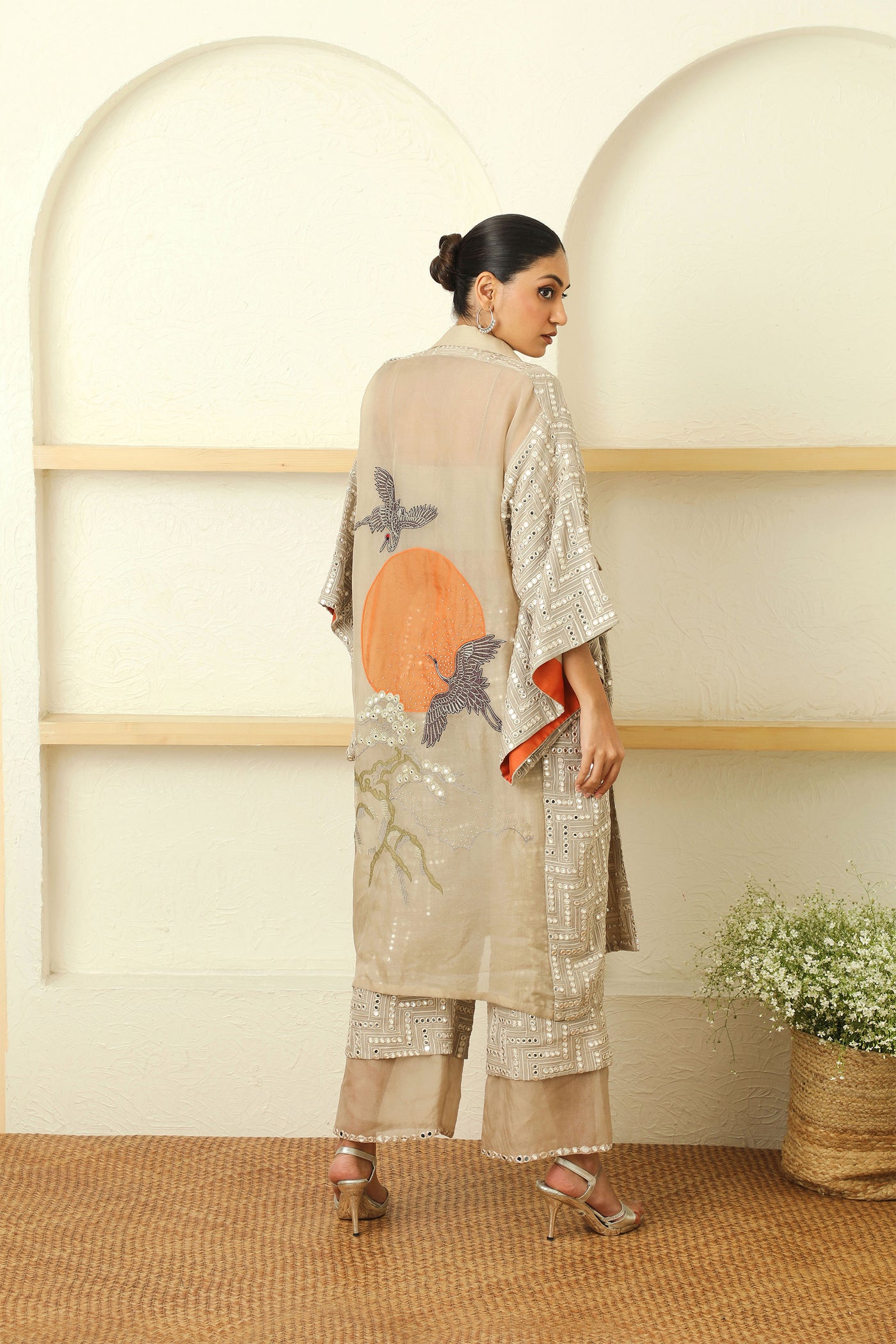 twenty nine mirrorwork cherry blossom kimono sleeves overlay jacket beige fusion indian designer wear online shopping melange singapore