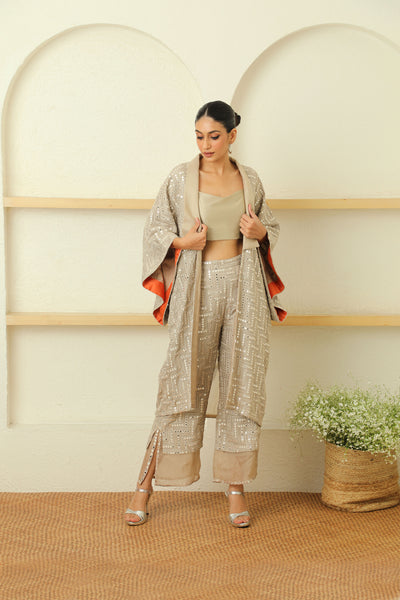 twenty nine mirrorwork cherry blossom kimono sleeves overlay jacket beige fusion indian designer wear online shopping melange singapore