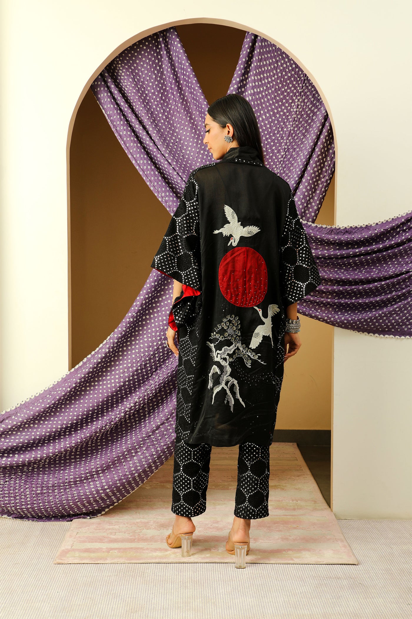 twenty nine mirrorwork cherry blossom kimono sleeves overlay jacket black fusion indian designer wear online shopping melange singapore