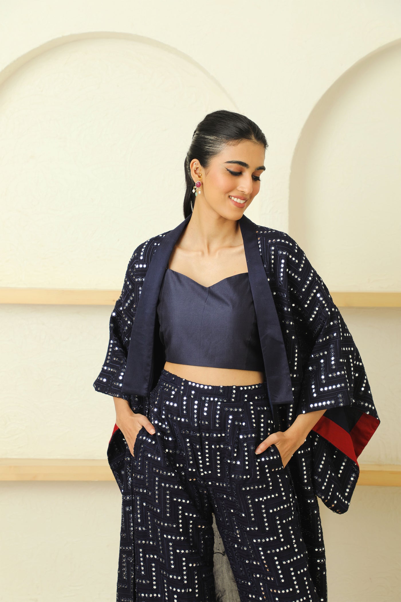 twenty nine mirrorwork cherry blossom kimono sleeves overlay jacket navy blue fusion indian designer wear online shopping melange singapore