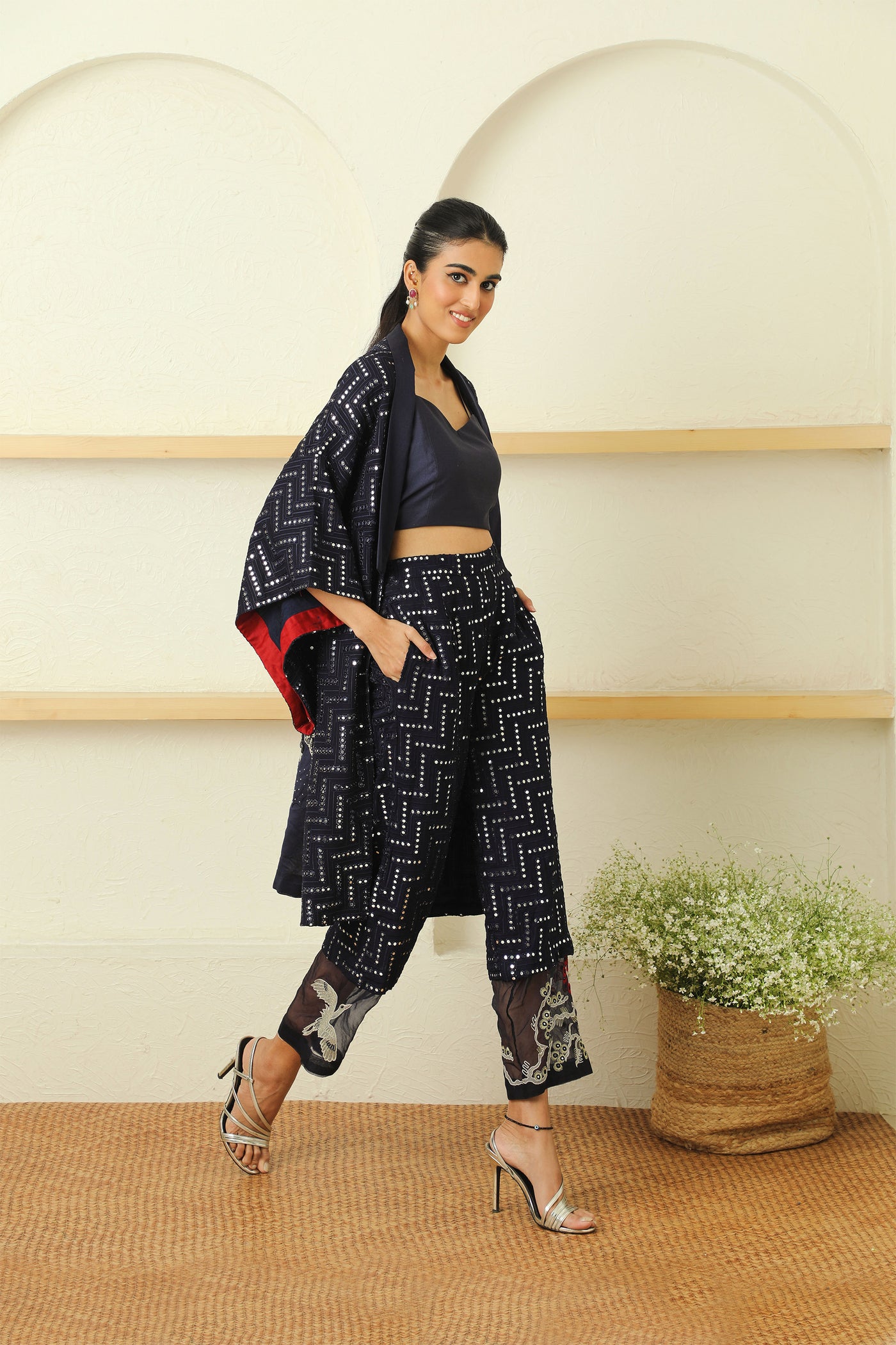 twenty nine mirrorwork cherry blossom kimono sleeves overlay jacket navy blue fusion indian designer wear online shopping melange singapore