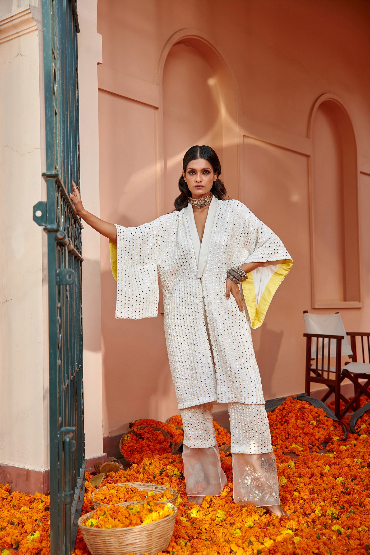 twenty nine mirrorwork cherry blossom kimono sleeves overlay jacket white fusion indian designer wear online shopping melange singapore