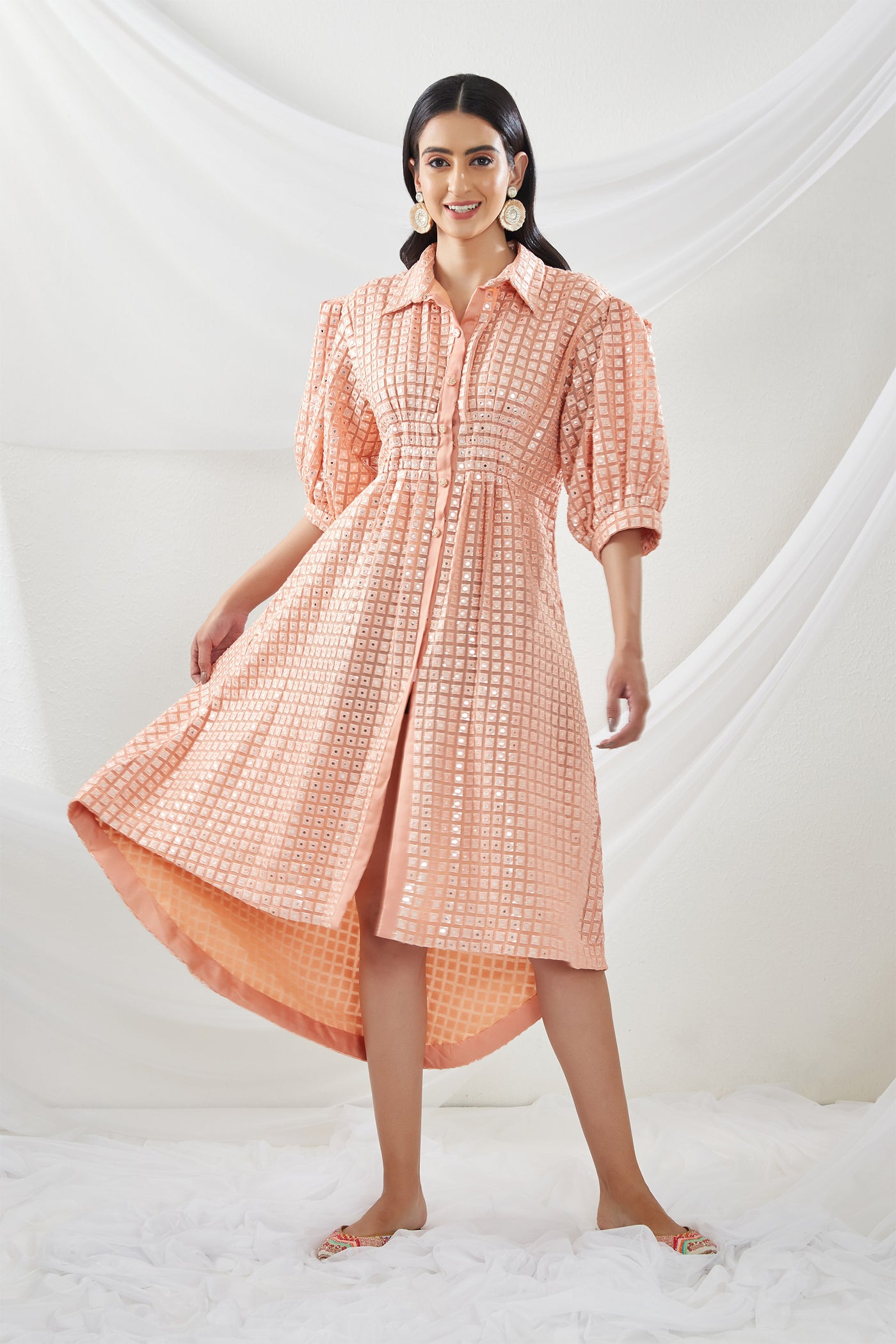 twenty nine  Mirrorwork Hi-Low Dress peach fusion indian designer wear online shopping melange singapore